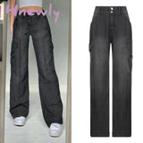 Waatfaak Harajuku Pockets Patchwork Cargo Jeans Y2K Dark Blue High Waist Streetwear 90S Baggy Women