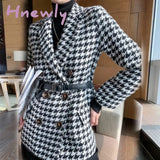 Winter Jacket New Korean Version With Waist Bag Houndstooth Woolen Coat Suit Thick And Loose White