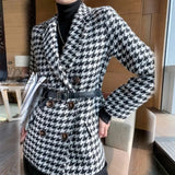 Winter Jacket New Korean Version With Waist Bag Houndstooth Woolen Coat Suit Thick And Loose White