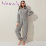 Winter Warm Pyjamas Women Onesies Fluffy Fleece Jumpsuits Sleepwear Overall Hood Sets Pajamas For