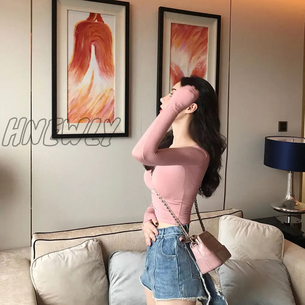 Woman Tshirts Top Women’s Tight Low - Necked Sexy Short Slim Long Sleeve T - Shirt Crop Mujer