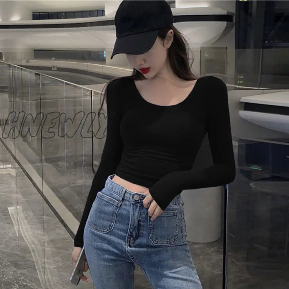 Woman Tshirts Top Women’s Tight Low - Necked Sexy Short Slim Long Sleeve T - Shirt Crop Mujer