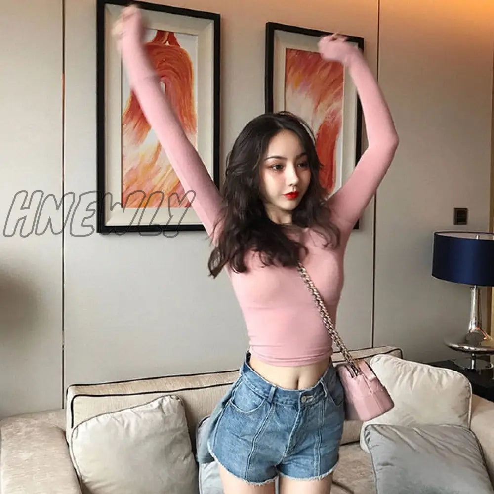 Woman Tshirts Top Women’s Tight Low - Necked Sexy Short Slim Long Sleeve T - Shirt Crop Mujer