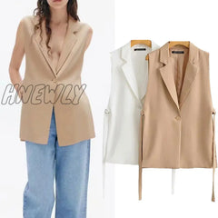 Women Fashion Solid Colorloose Side Slit Temperament Loose One - Button Suit Collar Sleeveless Long