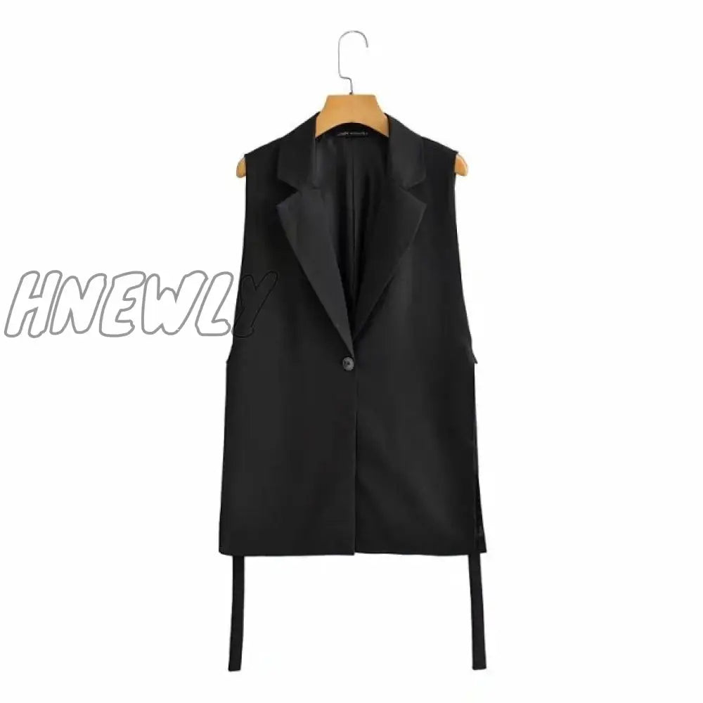 Women Fashion Solid Colorloose Side Slit Temperament Loose One - Button Suit Collar Sleeveless Long