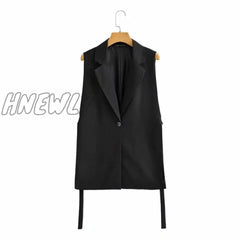 Women Fashion Solid Colorloose Side Slit Temperament Loose One - Button Suit Collar Sleeveless Long