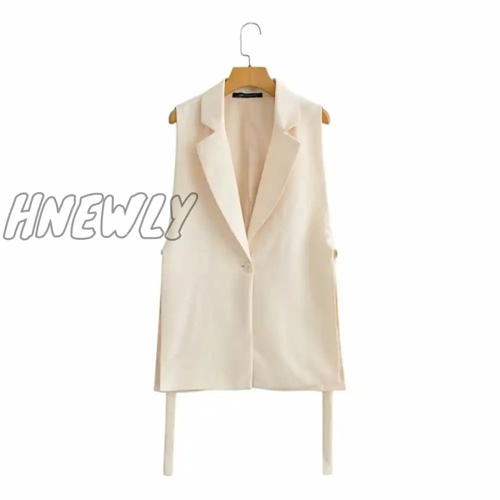 Women Fashion Solid Colorloose Side Slit Temperament Loose One - Button Suit Collar Sleeveless Long