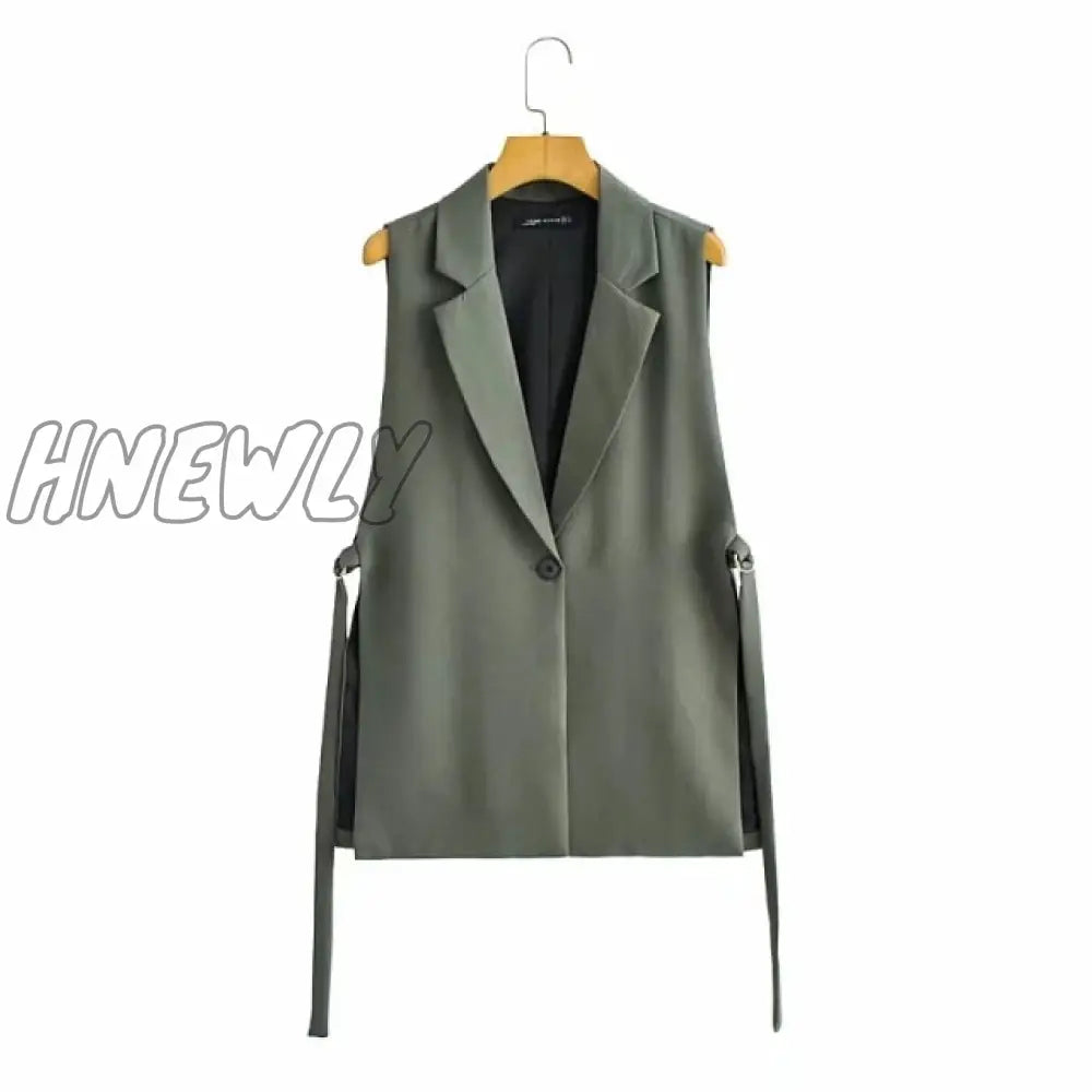 Women Fashion Solid Colorloose Side Slit Temperament Loose One - Button Suit Collar Sleeveless Long