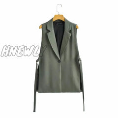 Women Fashion Solid Colorloose Side Slit Temperament Loose One - Button Suit Collar Sleeveless Long