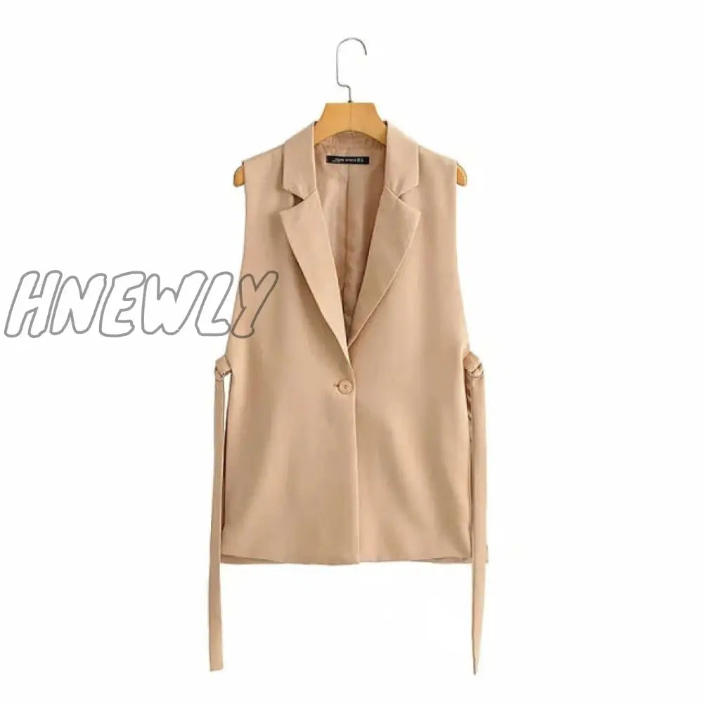 Women Fashion Solid Colorloose Side Slit Temperament Loose One - Button Suit Collar Sleeveless Long