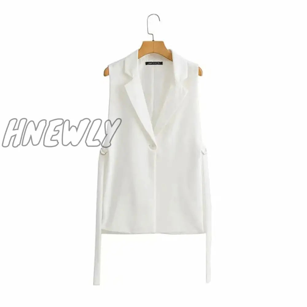 Women Fashion Solid Colorloose Side Slit Temperament Loose One - Button Suit Collar Sleeveless Long