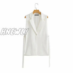 Women Fashion Solid Colorloose Side Slit Temperament Loose One - Button Suit Collar Sleeveless Long