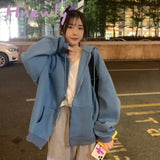 Women Korean Style Hoodies Zip - Up Harajuku Oversized Solid Pocket Hooded Sweatshirts Autumn Long