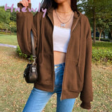 Women Korean Style Hoodies Zip - Up Harajuku Oversized Solid Pocket Hooded Sweatshirts Autumn Long