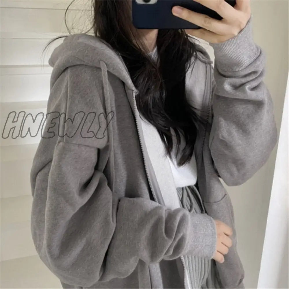 Women Korean Style Hoodies Zip - Up Harajuku Oversized Solid Pocket Hooded Sweatshirts Autumn Long