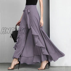 Women Palazzo Pants Causal Ruffle Drawstring Trouser Elegant High Waist Irregular Loose Pure Color