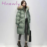 Women’s Winter Long Puffer Jacket Padded Korean Style Large Faux Fur Collar Hooded Thicken Parka