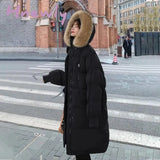 Women’s Winter Long Puffer Jacket Padded Korean Style Large Faux Fur Collar Hooded Thicken Parka