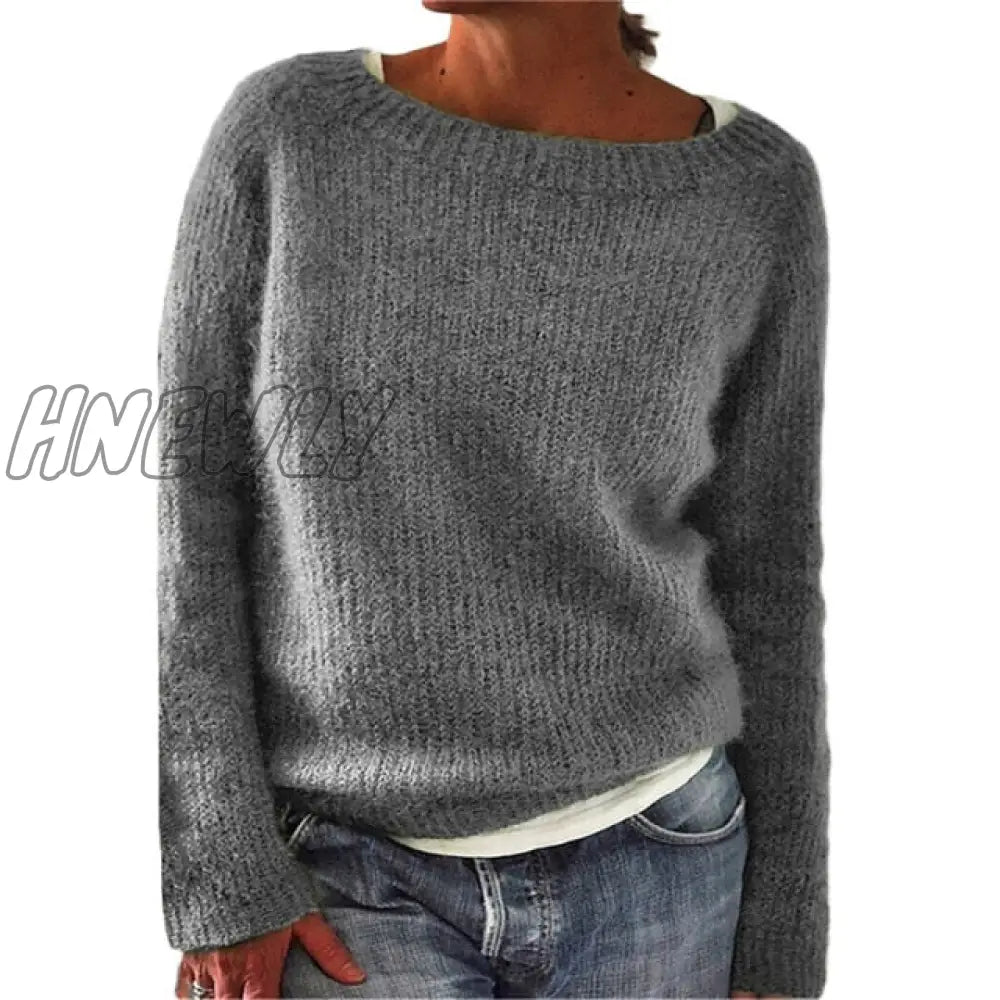 Women Spring Autumn Round Neck Plain Causal Loose Plus Size 6 Colors Knit Wear Sweater Tops S - 3Xl