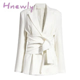 Women White Knot Split Joint Irregular Blazer New Lapel Long Sleeve Loose Fit Jacket Fashion Spring